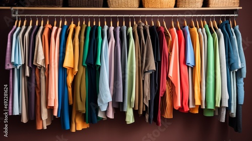 A clutter-free closet with clothes sorted by color or type of clothing