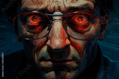 Tired eyes in glasses. Man in glasses with strained eyes. Burst capillaries in the eyes due to constant wearing of glasses. Red eyes from being tired of looking at this world with glasses photo