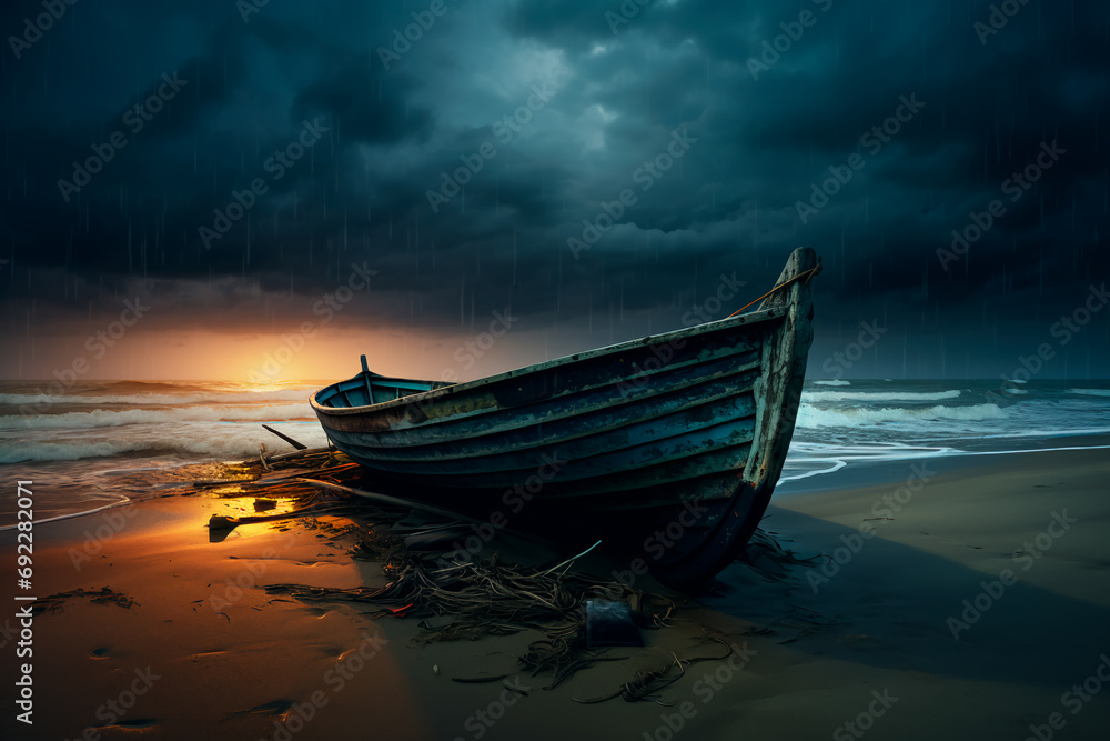 Rainy weather on coast of the ocean. Cold beach in a rainy weather with dark skies. Lost boat on a beach in rainy weather during the summer time. Wet sand on the beach coast