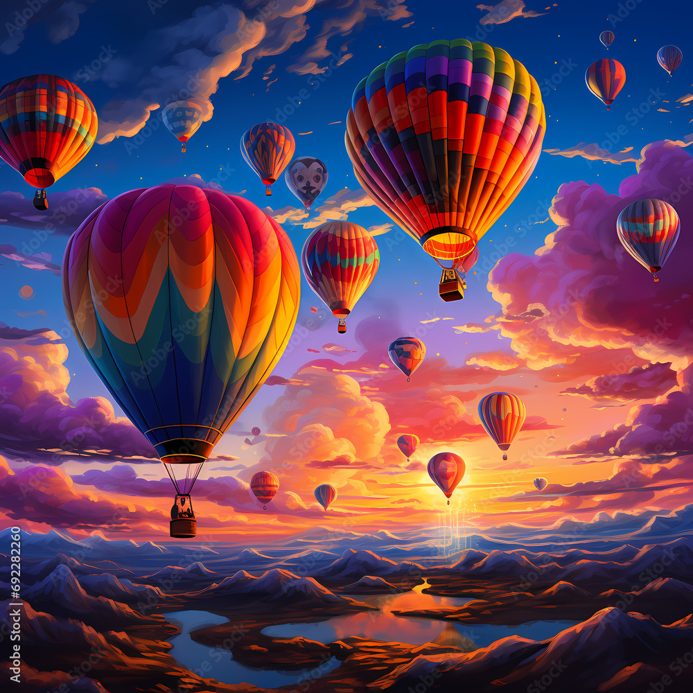 Cluster of hot air balloons drifting against the canvas of a sunset sky