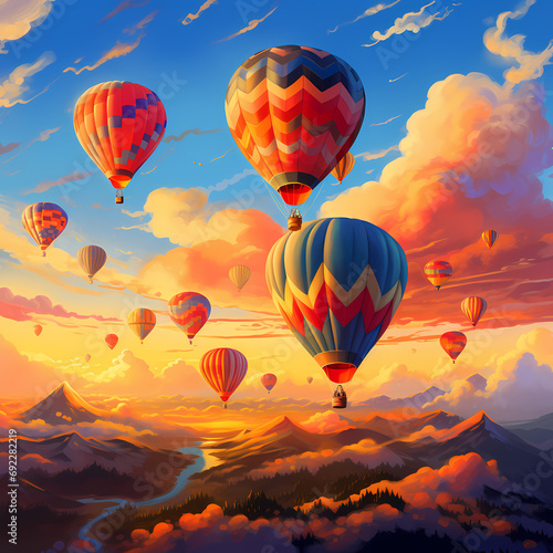 Cluster of hot air balloons drifting against the canvas of a sunset sky