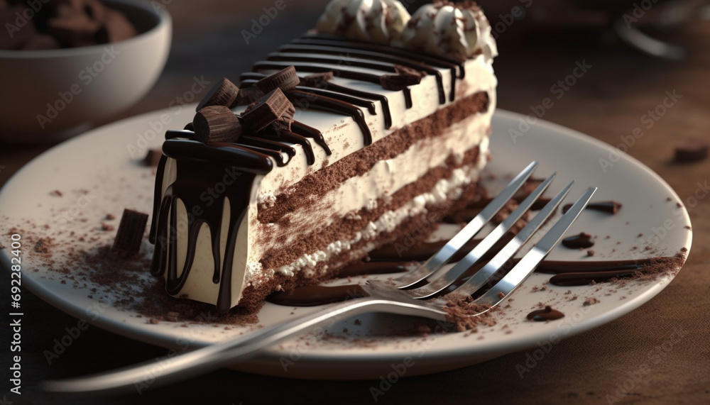 Indulgent chocolate cake slice with whipped cream and chocolate sauce generated by AI Indulgent chocolate cake slice with whipped cream and chocolate sauce generated by AI