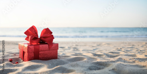Holiday gift with a satin ribbon on a sandy beach, blending Christmas joy with ocean air.