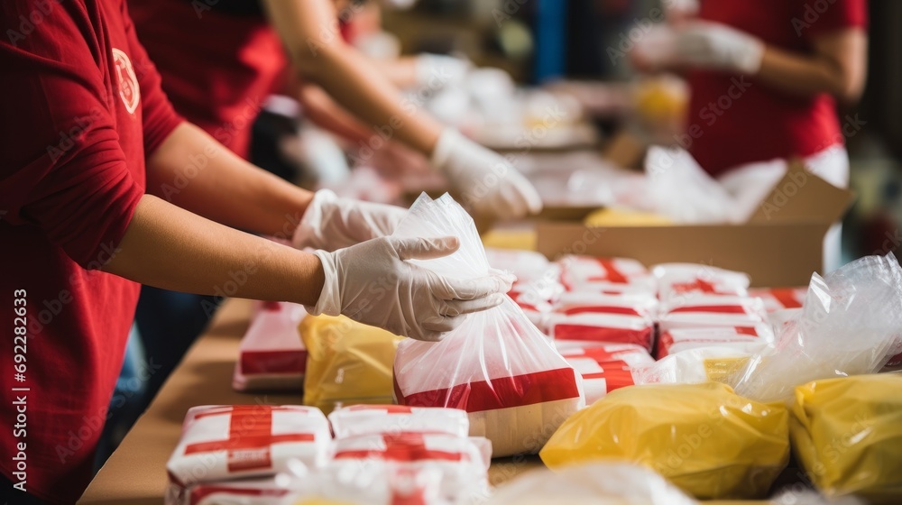 Close-up of hands assembling care packages for survivors of natural disasters, highlighting the importance of disaster relief efforts - obrazy, fototapety, plakaty 