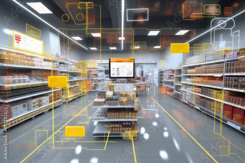 An immersive depiction of a modern supermarket, brilliantly fused with augmented reality overlays, portraying the transformative power of technology in enhancing the retail experience photo