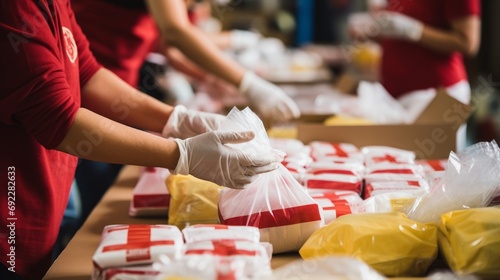 Close-up of hands assembling care packages for survivors of natural disasters, highlighting the importance of disaster relief efforts photo