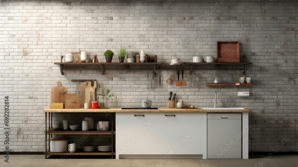 Sleek Urban Kitchen with Brick Wall Accent Modern kitchen, minimalist design, white cabinetry, wooden countertops, open wooden shelves, stainless steel appliances, brick wall background, industrial