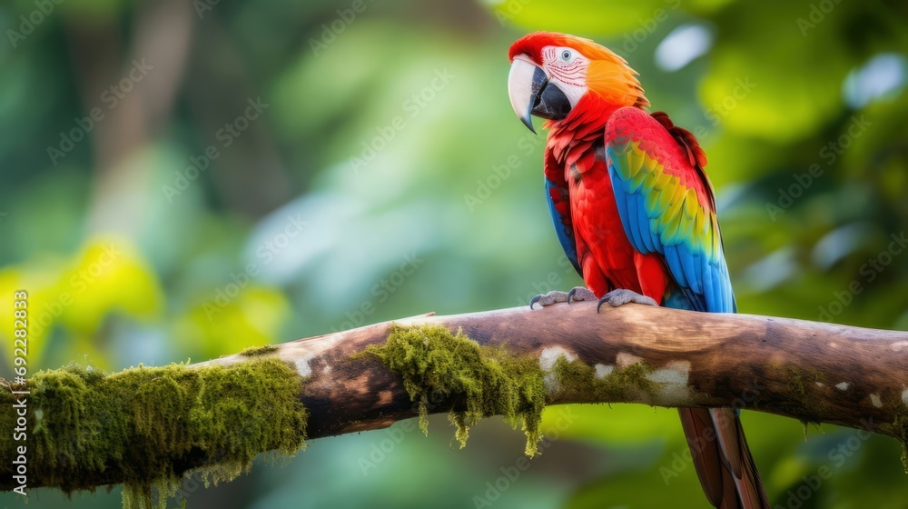 Vibrant parrot perched on a lush branch in the heart of the jungle