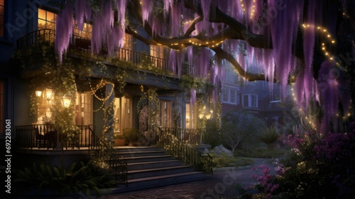 Enchanted nighttime garden, Victorian house, wisteria vines, fairy lights, mystical ambiance, stone pathway, lush foliage, purple and green hues.