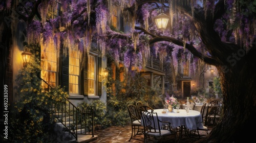 Twilight Romance: Outdoor Dining Under Wisteria Vines and Vintage Lanterns
