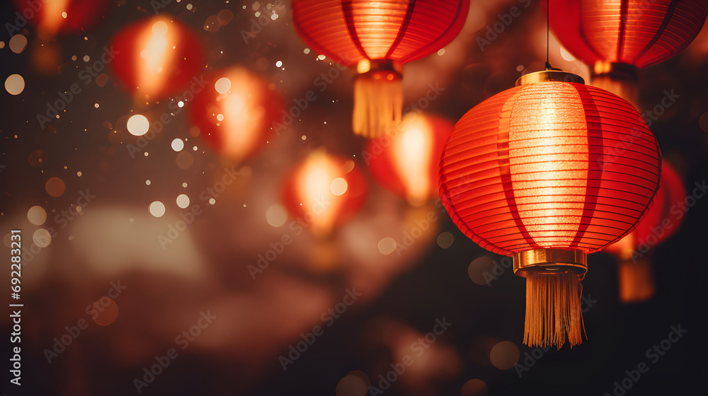 Fototapeta premium Chinese red lantern in the night of Chinese New Year of happiness, Generative AI illustration