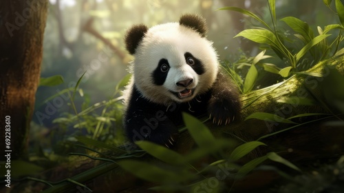 Panda bear perched atop a vibrant green forest