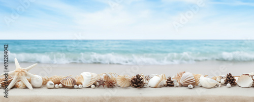 autical treasures: A collection of shells and starfish against a backdrop of sea and sky.