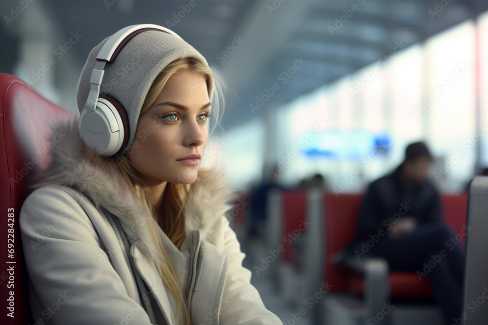 Travel vacation concept, young beautiful woman with sad face wear headphone sit at waiting area in the airport terminal and listen to music. Generative AI Travel vacation concept, young beautiful woman with sad face wear headphone sit at waiting area in the airport terminal and listen to music. Generative AI