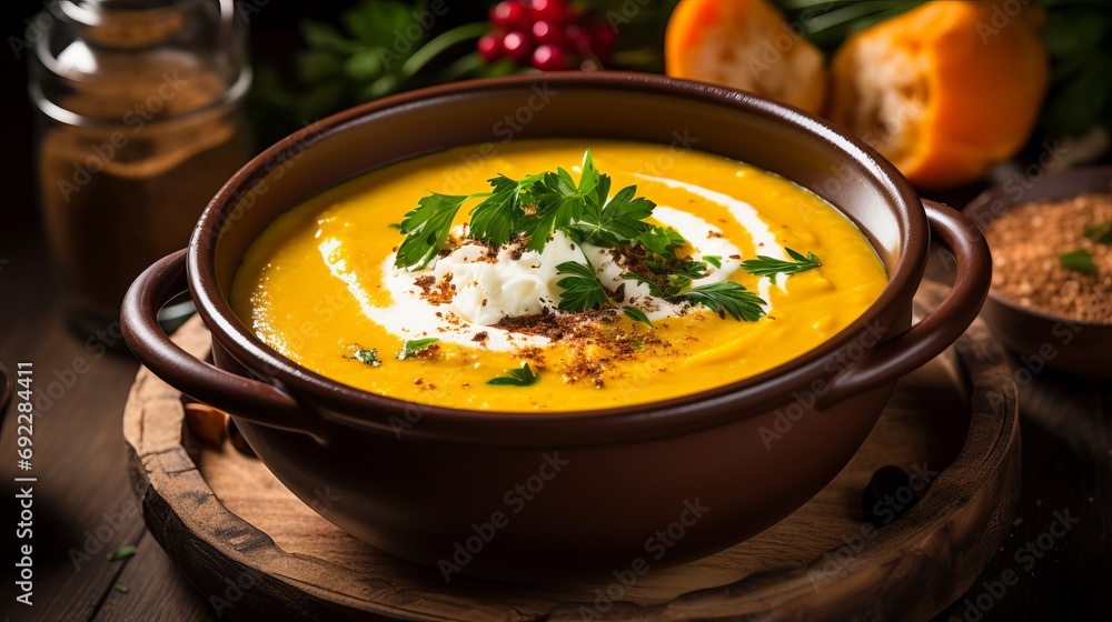 Pumpkin soup served in a rustic bowl, highlighting a delicious and nourishing fall recipe Pumpkin soup served in a rustic bowl, highlighting a delicious and nourishing fall recipe