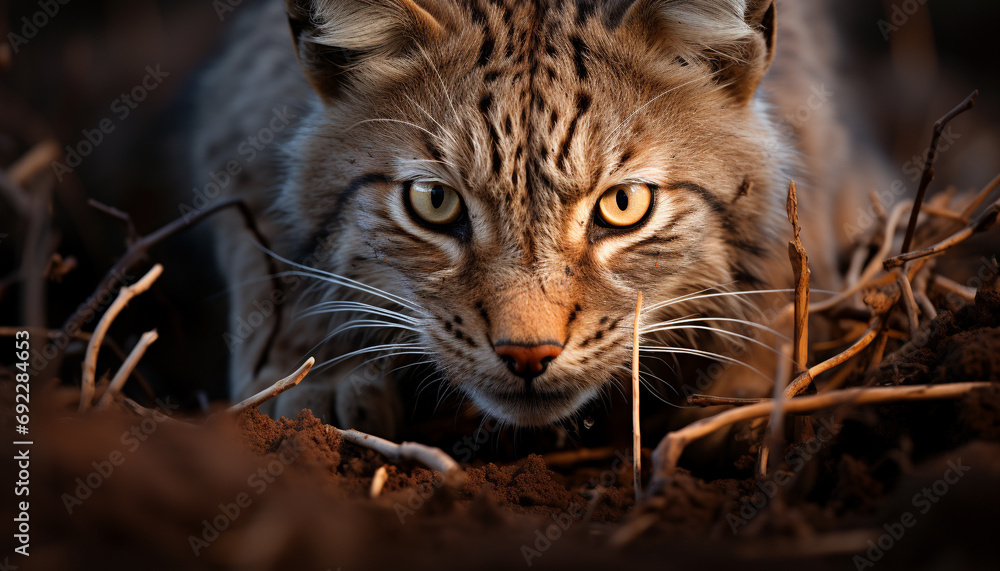 Cute bobcat hiding in grass, looking at camera generated by AI Cute bobcat hiding in grass, looking at camera generated by AI