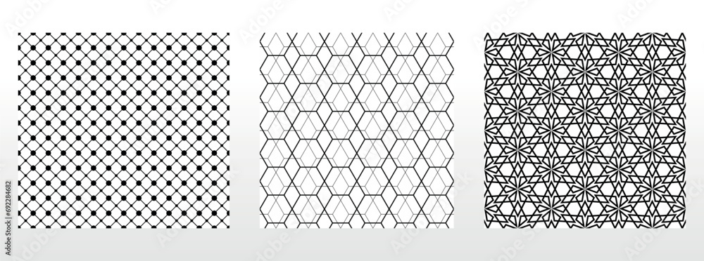 Geometric set of seamless black and white patterns. Simple vector graphics