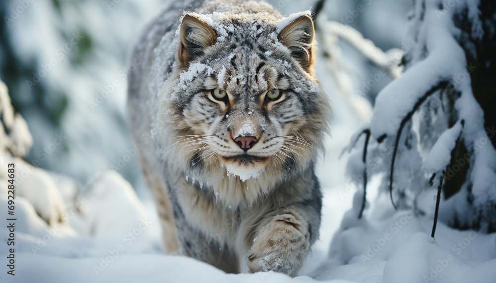 Obraz premium Majestic snow leopard stalking, danger in the wilderness generated by AI