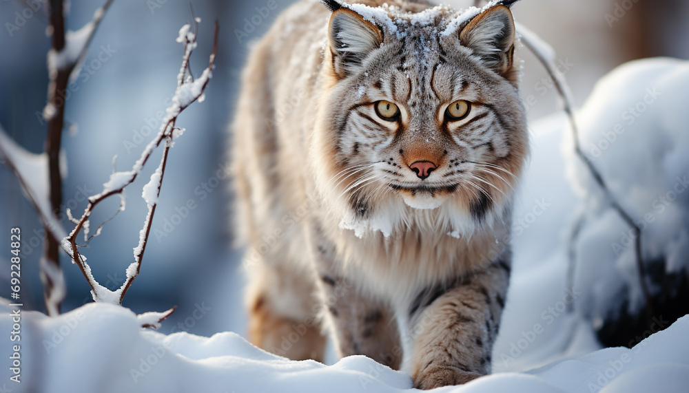 Bobcat in winter forest, fierce and beautiful generated by AI Bobcat in winter forest, fierce and beautiful generated by AI