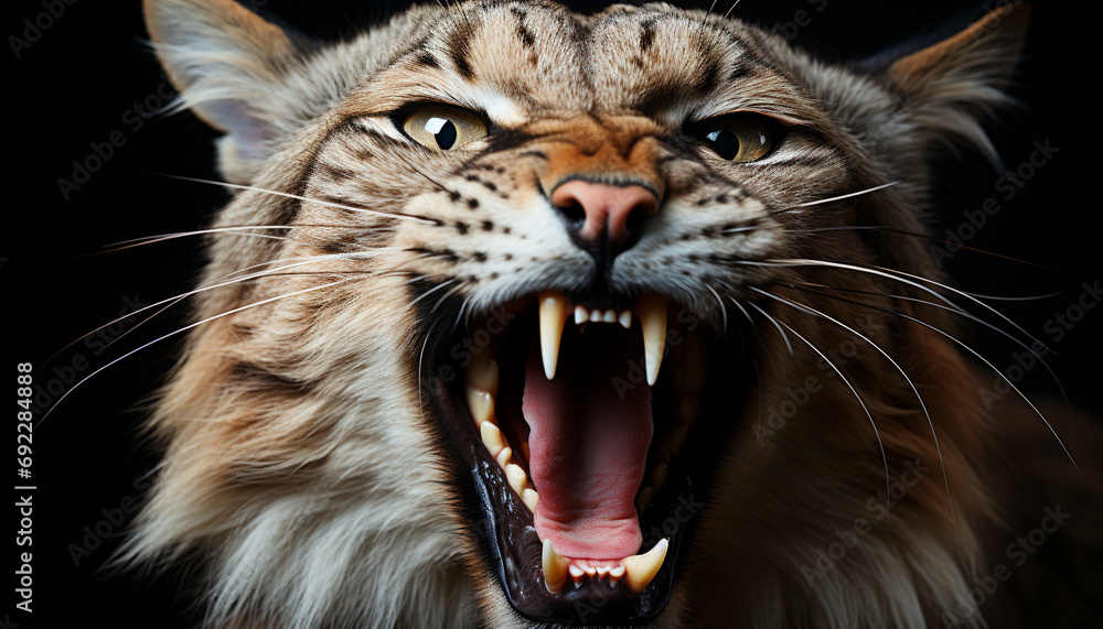 Obraz premium Furious feline snarling, staring with mouth open generated by AI