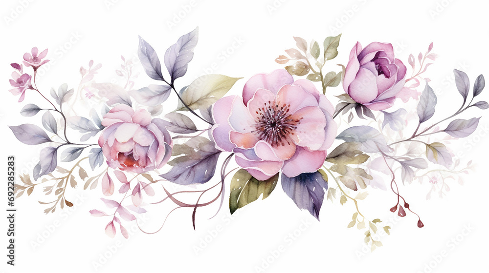 Watercolor flowers. Floral and leaf illustration botanic composition.
