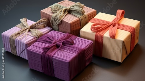 Yarn-wrapped gift boxes, adding a personal touch to presents