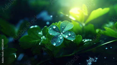 Green clover leaves with water drops close up. Nature background. Saint Patrick backdrop