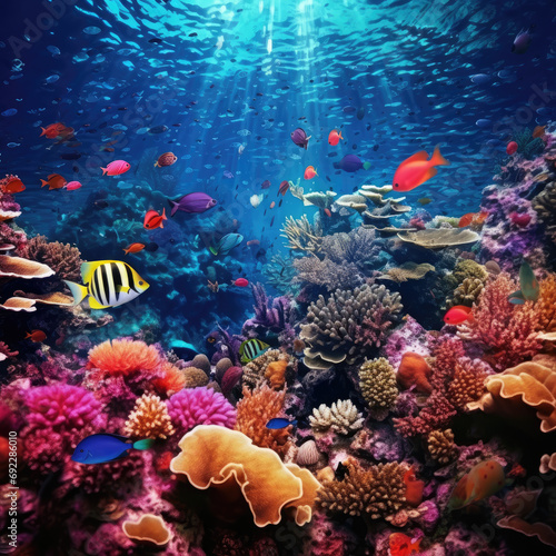 Colorful Marine Life in a Clear Water Coral Reef