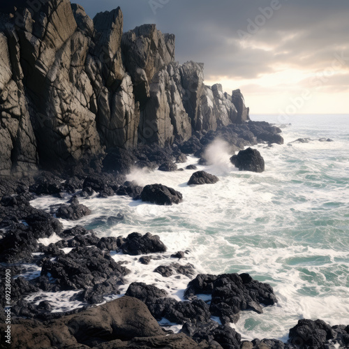 Stormy Sea and Rugged Shoreline at Coastal Cliffs