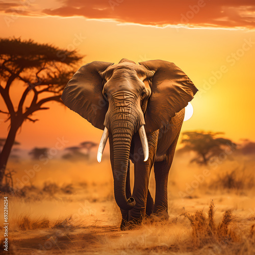 Majestic elephant in the savannah during the golden hour. © Cao