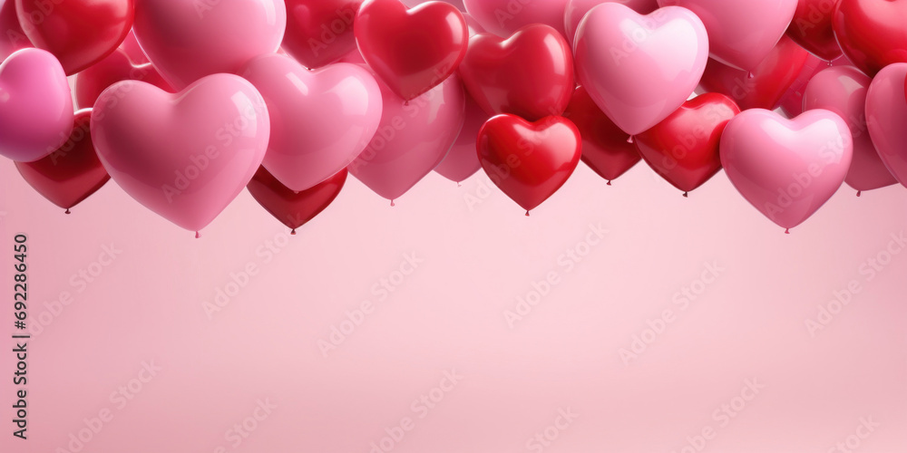 Valentine's day background with red and pink heart shaped balloons
