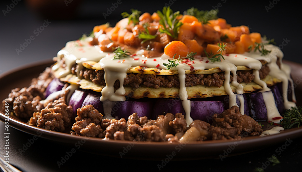 Fototapeta premium Homemade gourmet dessert, fresh fruit slice with chocolate generated by AI