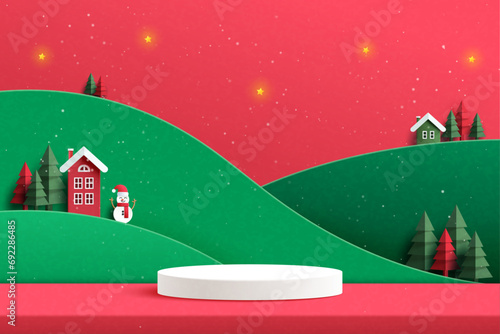White Podium on minimal winter landscape decorated with christmas tree,stars and snowman. Merry Christmas and Happy new year concept. Paper art vector illustration.