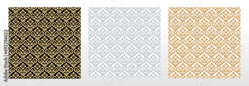 Wallpapers in the style of Baroque. Seamless vector backgrounds. Set of colored floral ornaments. Graphic patterns for fabric, wallpaper, packaging. Ornate Damask flower ornaments