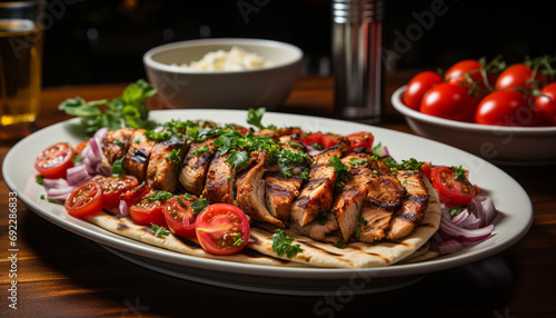 Grilled meat and vegetables on a wooden plate generated by AI