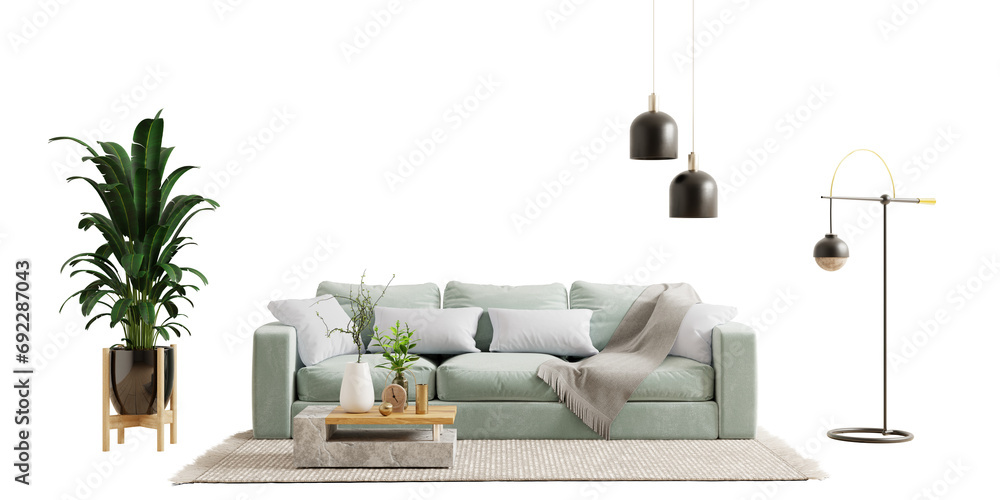 Green sofa and decor in living room on transparent background.3d rendering - obrazy, fototapety, plakaty 