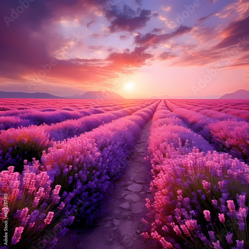 A pathway through a lavender field in full bloom.