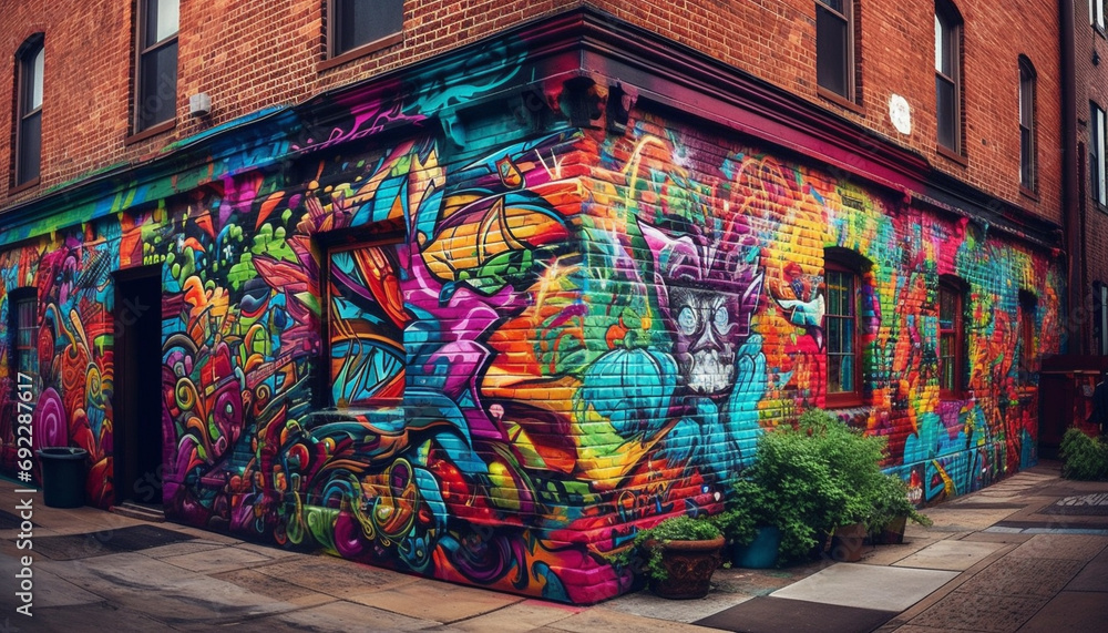 Naklejka premium Vibrant colored graffiti mural illuminates modern cityscape at night generated by AI