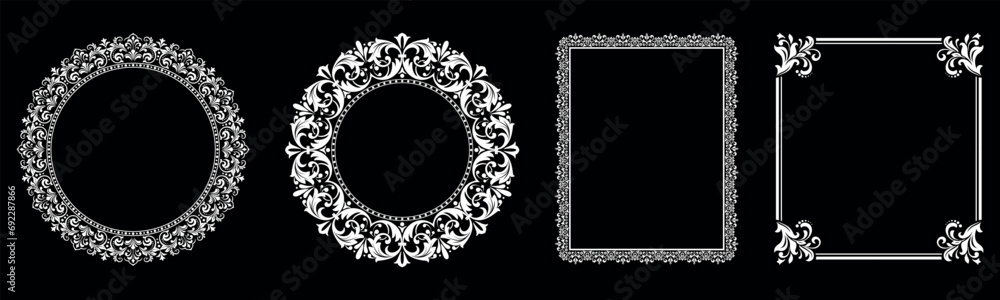 Fototapeta premium Set of decorative frames Elegant vector element for design in Eastern style, place for text. Floral black and white borders. Lace illustration for invitations and greeting cards.
