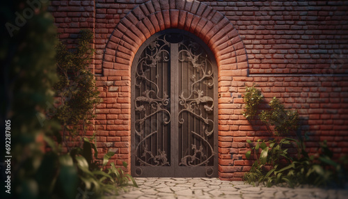 Old brick building with Christian arch entrance and nature background generated by AI