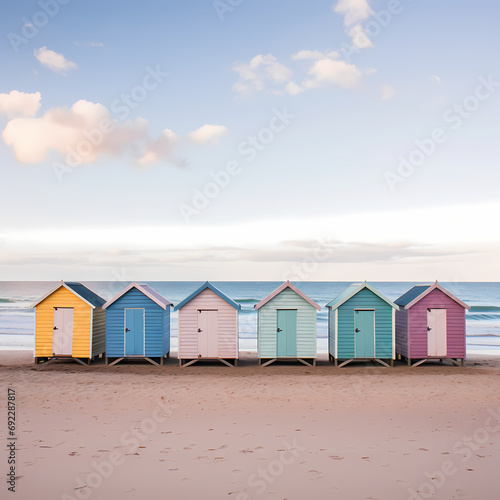 Row of beach huts in pastel colors lining a sandy shore
