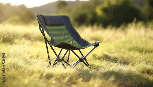 Comfortable armchair in tranquil meadow, surrounded by nature growth generated by AI
