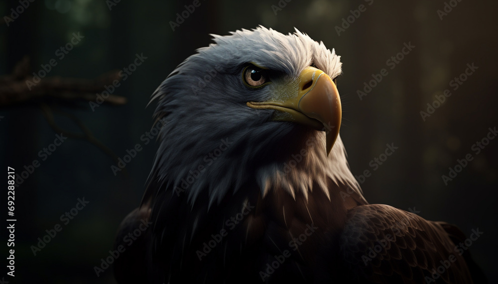 Obraz premium Majestic bird of prey perching on branch, looking at camera generated by AI