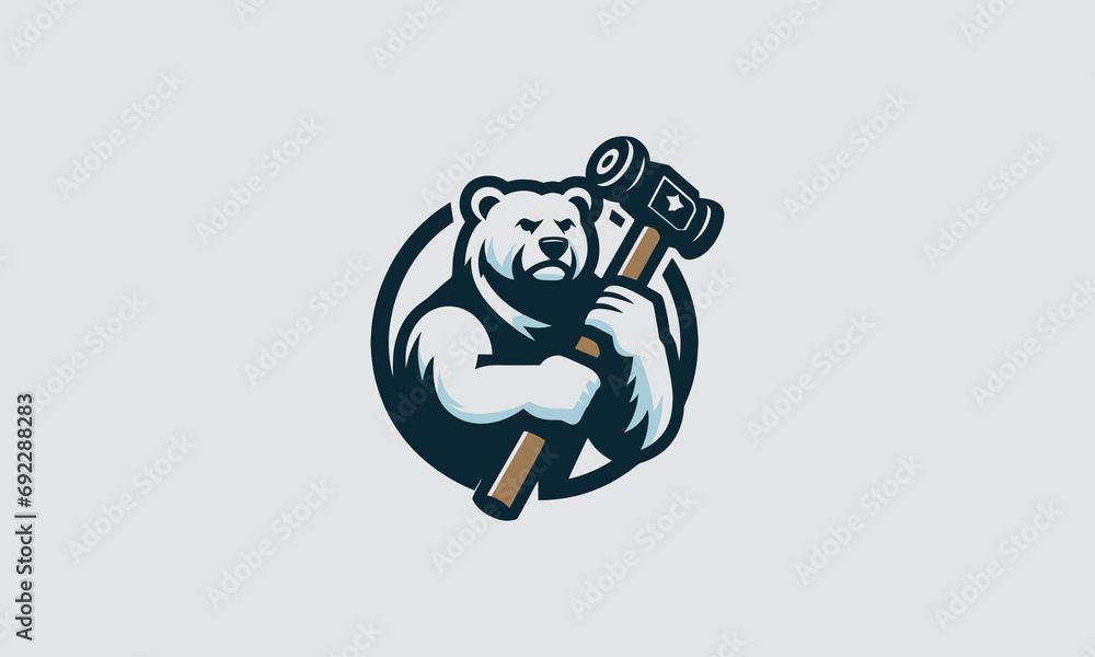 bear hold hammer vector illustration logo design - obrazy, fototapety, plakaty 