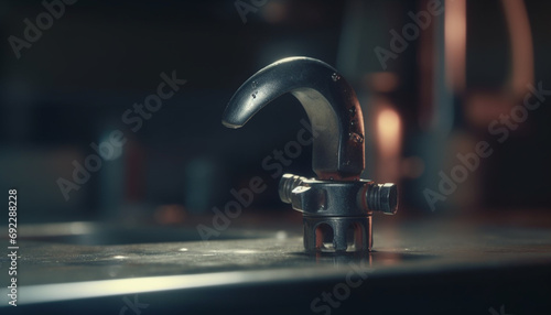 Shiny stainless steel faucet drops fresh water in modern kitchen sink generated by AI