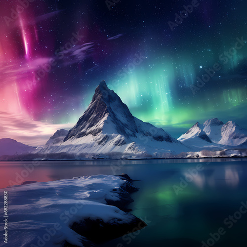 Snowy mountain peak under the vivid colors of the northern lights © Cao