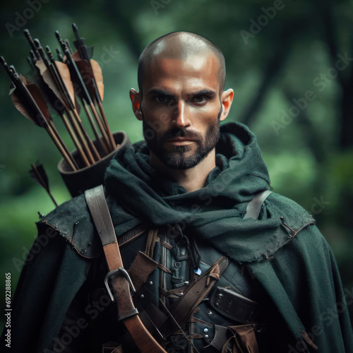 outlaw or hero this medieval fantasy forest ranger is ready with bow and arrows photo