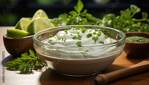 Freshness and healthy eating in a homemade vegetarian dip generated by AI