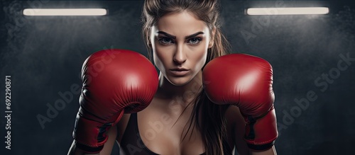 Confident woman training in Muay Thai with red boxing gloves. © AkuAku