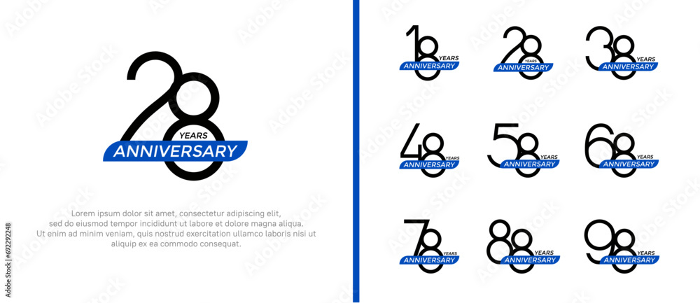 set of anniversary logo black color and blue ribbon on white background for celebration moment set of anniversary logo black color and blue ribbon on white background for celebration moment